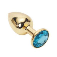 Металева анальна пробка золотиста з блакитним кристалом SKN розмір S