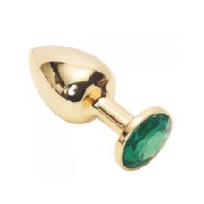 Металева анальна пробка золотиста з зеленим кристалом SKN розмір S