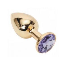 Металева анальна пробка золотиста з бузковим кристалом SKN розмір S
