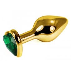 Анальная пробка металлическая золотистая с зеленым стразом в форме сердца SKN Размер S