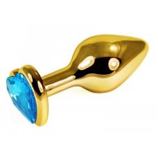 Анальная пробка металлическая золотистая с голубым стразом в форме сердца SKN Размер S