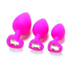 Комплект розовых силиконовых анальных плагов с камнем размеры S M L