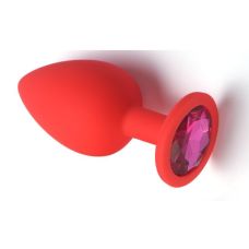 Силіконова анальна пробка червоного кольору з рожевим кристалом SKN розмір S