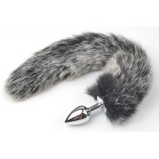Анальная пробка металлическая с меховым темно серым хвостом размер S SKN-L06