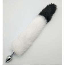 Металева анальна пробка з хвостом з хутра біла з чорним SKN-L17 розмір S