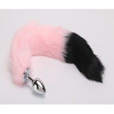 Металева анальна пробка з хвостом з хутра рожева з чорним SKN-L19 розмір S