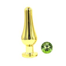 Металлическая анальная пробка золотая с салатовым кристаллом SKN-MG02
