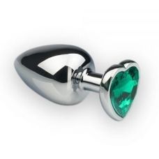 Анальная пробка металлическая с зеленой стразой в форме сердца SKN-MSS04 Размер L