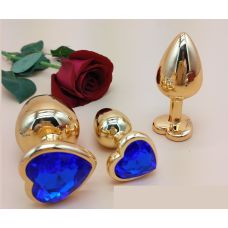 Комплект золотистих анальних пробок у формі серця з синім кристалом SKN-NMG01 розмір S, M, L