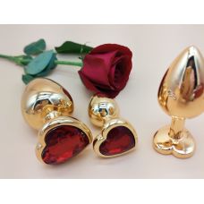 Комплект золотистих анальних пробок з червоним кристалом у формі серця SKN-NMG05 розмір S, M, L