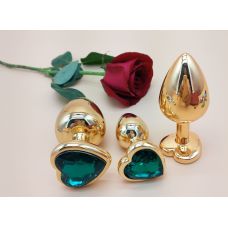 Комплект золотистих анальних пробок у формі серця з зеленим кристалом SKN-NMG08 розмір S, M, L