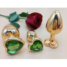 Комплект золотистих анальних пробок у формі серця з салатовим кристалом SKN-NMG09 розмір S, M, L