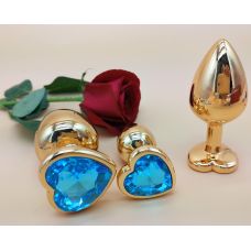 Комплект золотистих анальних пробок у формі серця з блакитним кристалом SKN-NMG10 розмір S, M, L