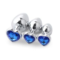 Комплект сріблястих анальних пробок у формі серця з синім кристалом SKN-NMS06 розмір S, M, L