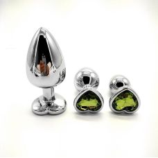 Комплект сріблястих анальних пробок у формі серця з салатовим кристалом SKN-NMS12 розмір S, M, L