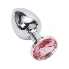 Металева анальна пробка срібляста з рожевим кристалом SKN розмір S