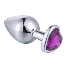 Металева анальна пробка срібляста з фіолетовим кристалом у формі серця SKN 04 розмір M