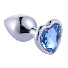 Металева анальна пробка срібляста з блакитним кристалом у формі серця SKN 06 розмір M