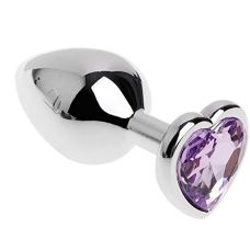 Металлическая анальная пробка серебристая с сиреневым кристаллом в форме сердца SKN 09 Размер M