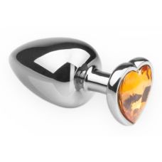 Металлическая анальная пробка серебристая с желтым кристаллом в форме сердца SKN 11 Размер M