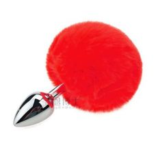 Анальная пробка серебристая из медицинской нержавеющей стали с красным хвостом SKN размер XS