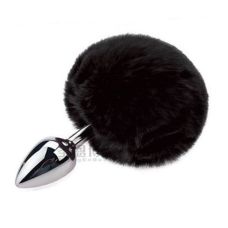 Анальная пробка серебристая из медицинской нержавеющей стали с черным хвостом SKN размер XS