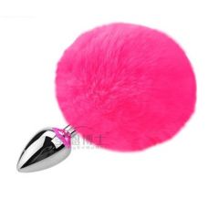 Анальная пробка серебристая из медицинской нержавеющей стали с малиновым хвостом SKN размер XS