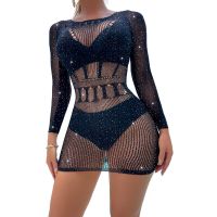 Платье сеточка с рукавами с блестящими стразами чёрное Star Night размеры S-L