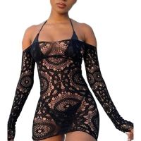 Платье сетка с узором с открытыми плечами с рукавами черное Star Night размеры S-L