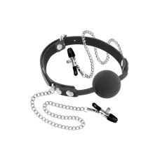 Кляп для БДСМ с силиконовым шариком и зажимами для сосков чёрный Fetish Tentation Gag Ball with Nipple Clamps