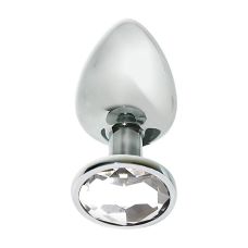 Анальна пробка металева срібляста з безбарвним кристалом MAI Attraction Toys довжина 10см діаметр 4см