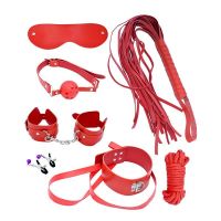 Набор для БДСМ красный MAI BDSM STARTER KIT Nº 75: плеть, кляп, наручники, маска, ошейник с поводком, веревка, зажимы