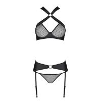 Сітчастий набір: бюстгальтер з халтером, трусики і пояс для панчіх Amanda Set black L / XL Passion