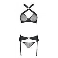 Сетчатый набор: бюстгальтер с халтером, трусики и пояс для чулок Amanda Set черный S/M Passion