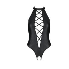 Боді еротичний з еко-шкіри з імітацією шнурівки і відкритим доступом чорний passion Nancy Body розмір XXL/XXXL