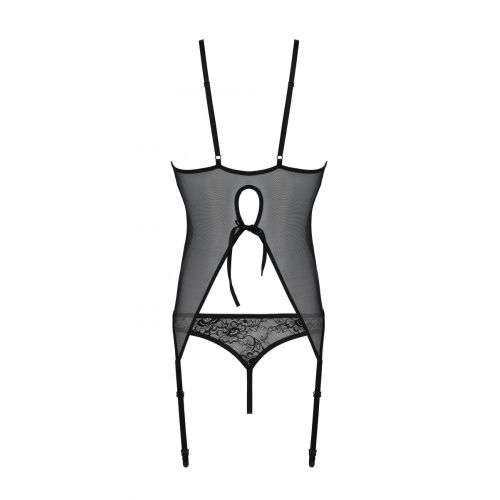 Корсет сексуальный с пажами трусики с ажурным декором и открытым шагом черный Passion Ursula Corset L/XL