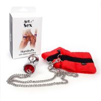 Анальная металлическая пробка M с наручниками красного цвета на металлическом поводке Art of Sex 
