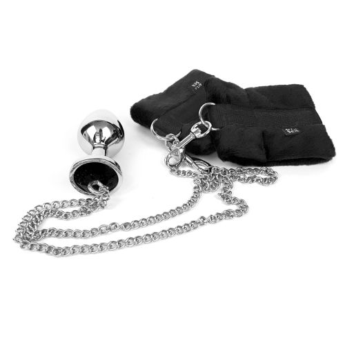 Анальная металлическая пробка M с наручниками черного цвета на металлическом поводке Art of Sex 