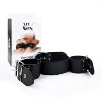 Ошейник с наручниками из натуральной кожи черного цвета Art of Sex Bondage