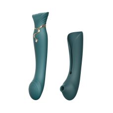 Вибромассажер с подогревом 3 в 1 для точки G и с вакуумной насадкой для клиторальной стимуляции зеленого цвета с камнем SWAROVSKI Zalo Queen Jewel