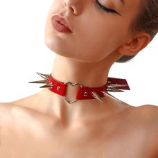 Чокер сердце с большими шипами из натуральной кожи красного цвета Art of Sex Crystal