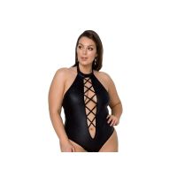 Боді еротичний зі штучної шкіри з імітацією шнурівки та відкритим доступом чорного кольору Passion Nancy розмір 6XL 7XL