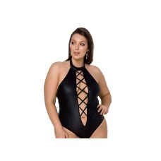 Боді еротичний зі штучної шкіри з імітацією шнурівки та відкритим доступом чорного кольору Passion Nancy розмір 6XL 7XL