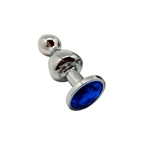 Анальная пробка в форме леденца Серебристого цвета с Синим камушком Wooomy Lollypop Double Ball Metal Plug Blue размер S