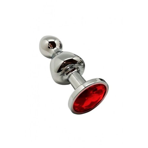 Анальная пробка в форме леденца Серебристого цвета с Красным камушком Wooomy Lollypop Double Ball Metal Plug Red размер S