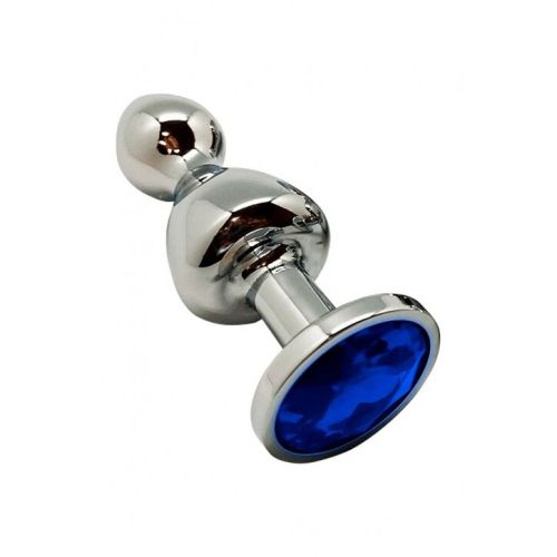 Анальная пробка в форме леденца Серебристого цвета с Синим камушком Wooomy Lollypop Double Ball Metal Plug Blue размер L