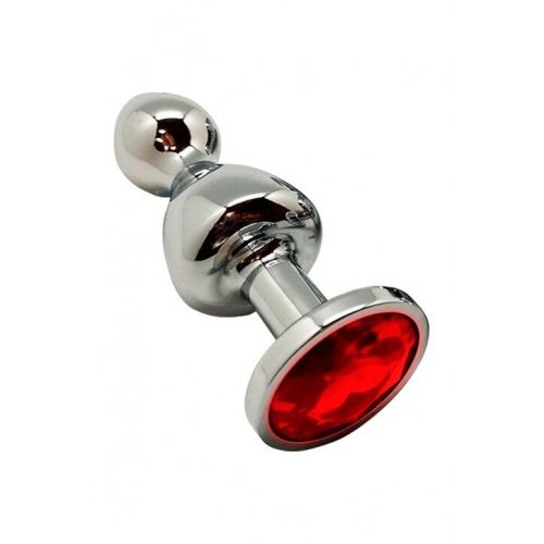 Анальная пробка в форме леденца Серебристого цвета с Красным камушком Wooomy Lollypop Double Ball Metal Plug Red размер L