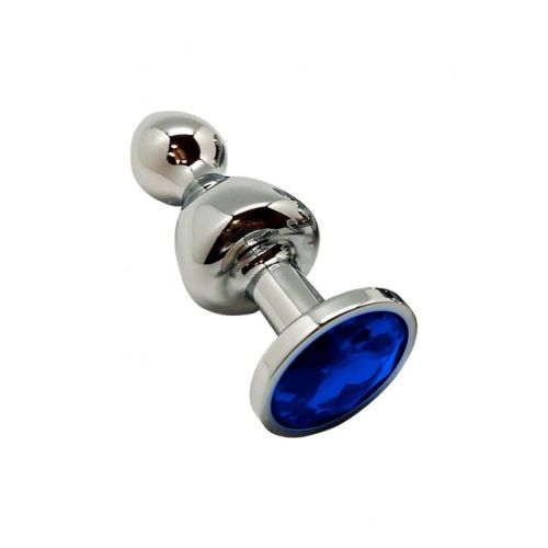 Анальная пробка в форме леденца Серебристого цвета с Синим камушком Wooomy Lollypop Double Ball Metal Plug Blue размер M