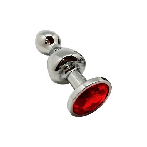 Анальная пробка в форме леденца Серебристого цвета с Красным камушком Wooomy Lollypop Double Ball Metal Plug Red размер M