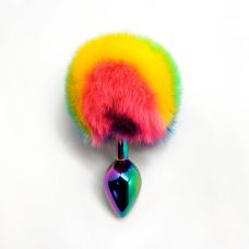 Анальная металлическая пробка с хвостиком радужного цвета Wooomy Filippi размер S